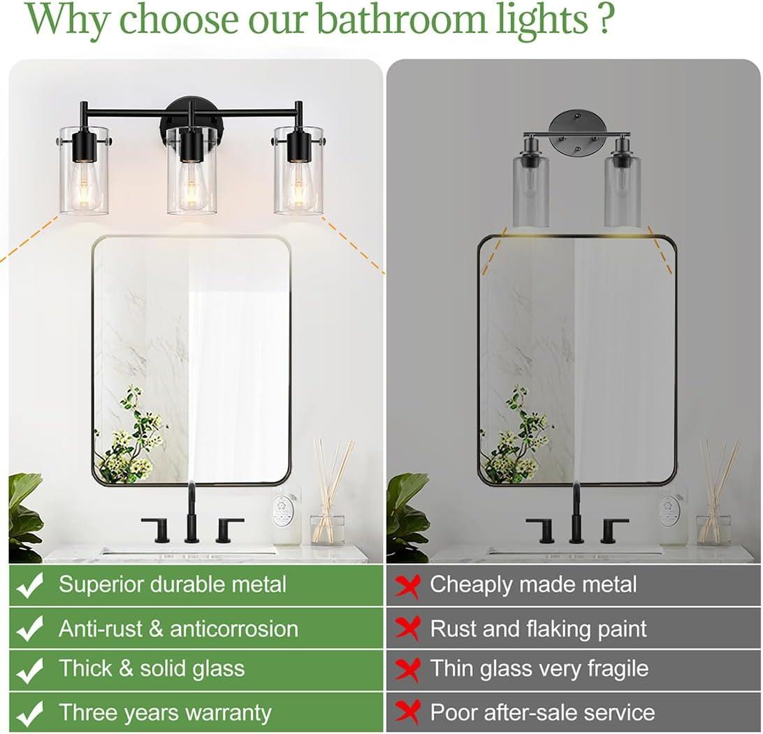 3-Light Bathroom Light Fixtures Bathroom Vanity Lights with Clear Glass Shades Matte Black Bathroom Light Fixtures over mirror for Mirror Living Room Cabinet Bedroom Porch