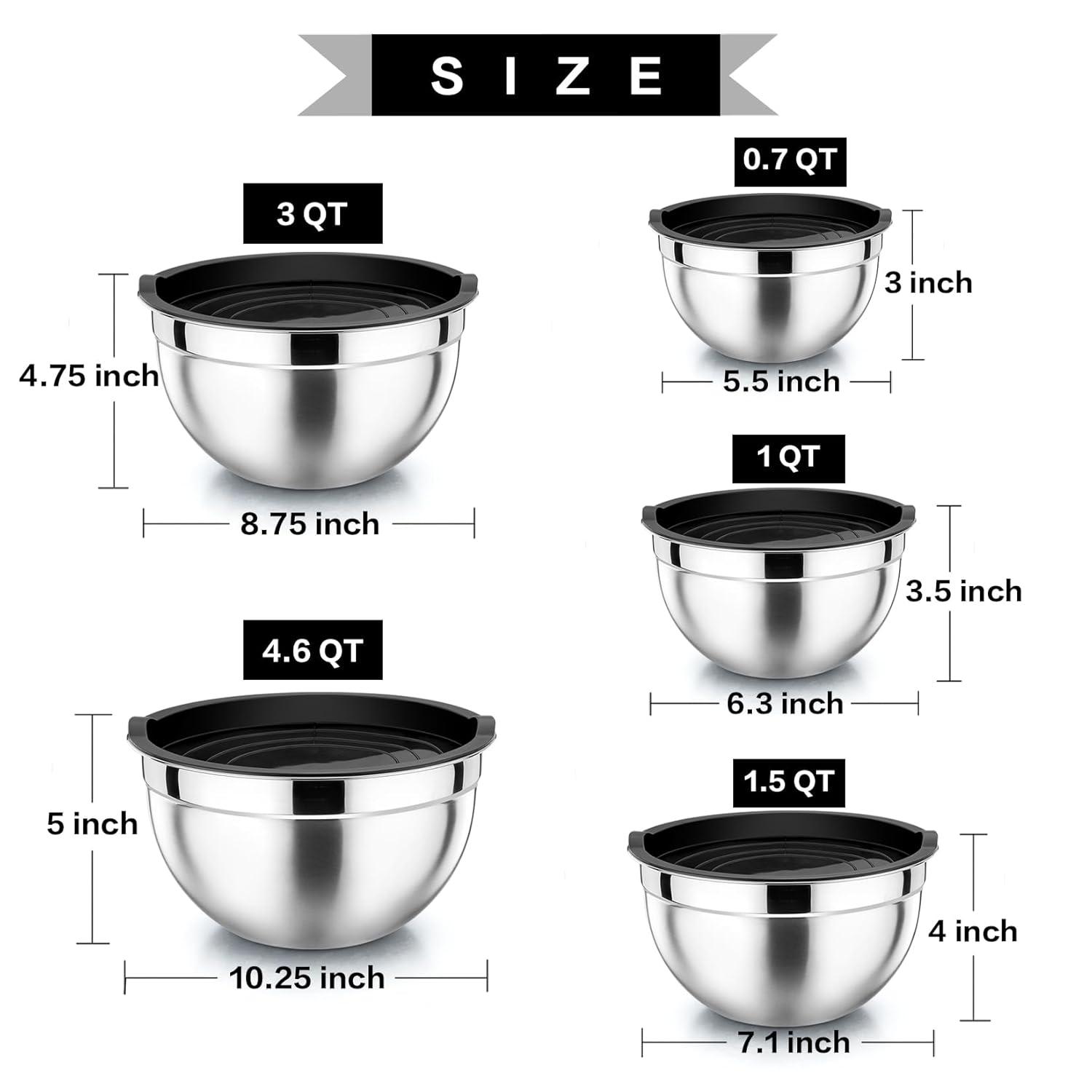 Toledo Bath & Kitchen Stainless Steel Mixing Bowls With Lids, 5-Pack Metal Nesting Bowls With Airtight Covers For Cooking, Baking, Serving, Storage, Non-Toxic & Dishwasher Safe, Size 4.6/3/1.5/1/0.7QT - Khaki