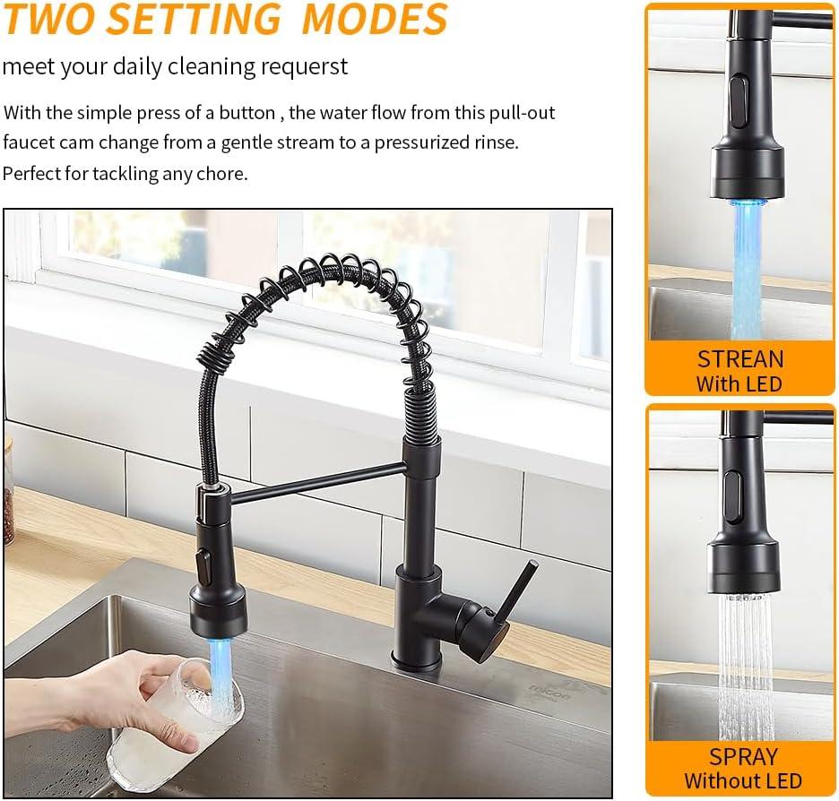 Matte Black LED Kitchen Faucet with Pull Down Sprayer and Soap Dispenser