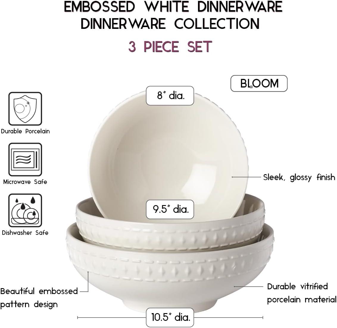 Ivory Dinnerware Tabletops Gallery 3 piece Serving Bowl Set Bloom Embossed White
