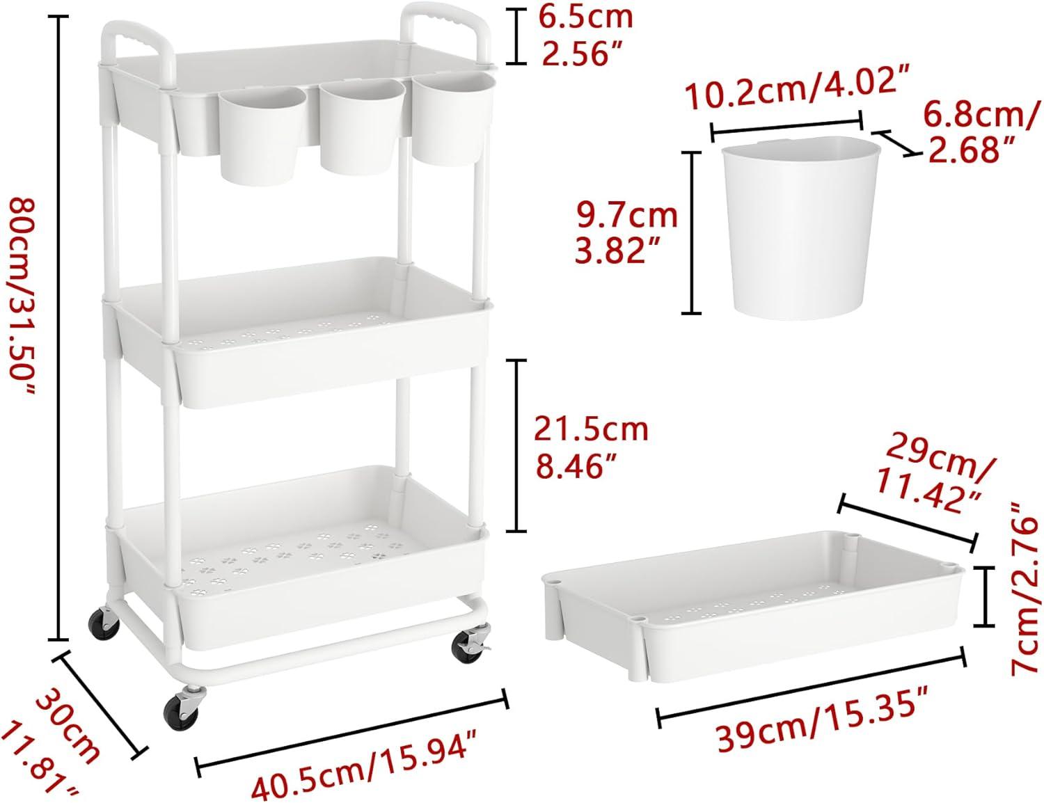JIUYOTREE 4-Tier Plastic Rolling Storage Cart Utility Cart with Extra Hanging Cups Handles Lockable Wheels for Living Room Bathroom Kitchen Office Green
