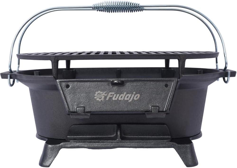 Cast Iron Hibachi Grill – Portable Charcoal BBQ for Outdoor Cooking, Durable Tabletop Skillet, Compact Camping Charcoal Cooker for Tailgating, Picnics & Hunting (Oval)