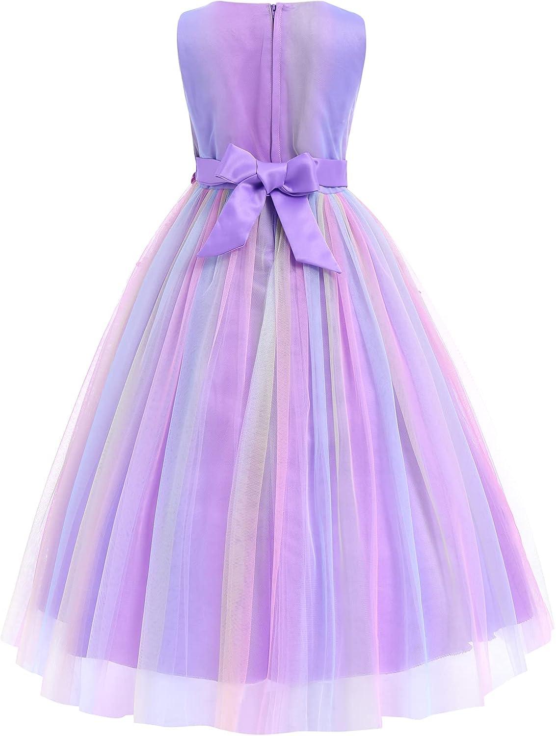 IBTOM CASTLE Vestidos de Desfile Bordados de Encaje Bohemio Floral de Princesa para Fiesta de Niños Boda Vestido Largo de Comunión Hinchado 11-12 Años Púrpura