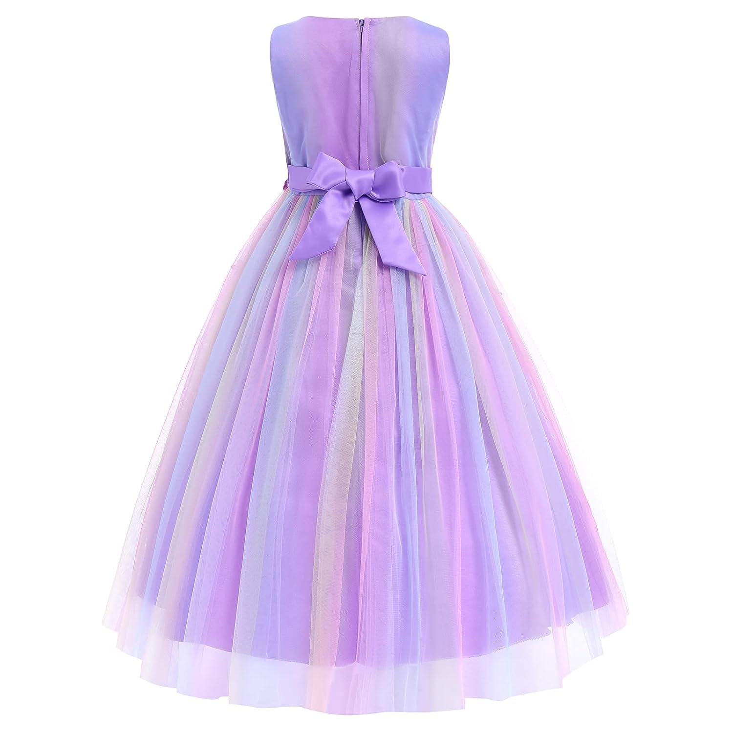 IBTOM CASTLE Vestidos de Desfile Bordados de Encaje Bohemio Floral de Princesa para Fiesta de Niños Boda Vestido Largo de Comunión Hinchado 11-12 Años Púrpura