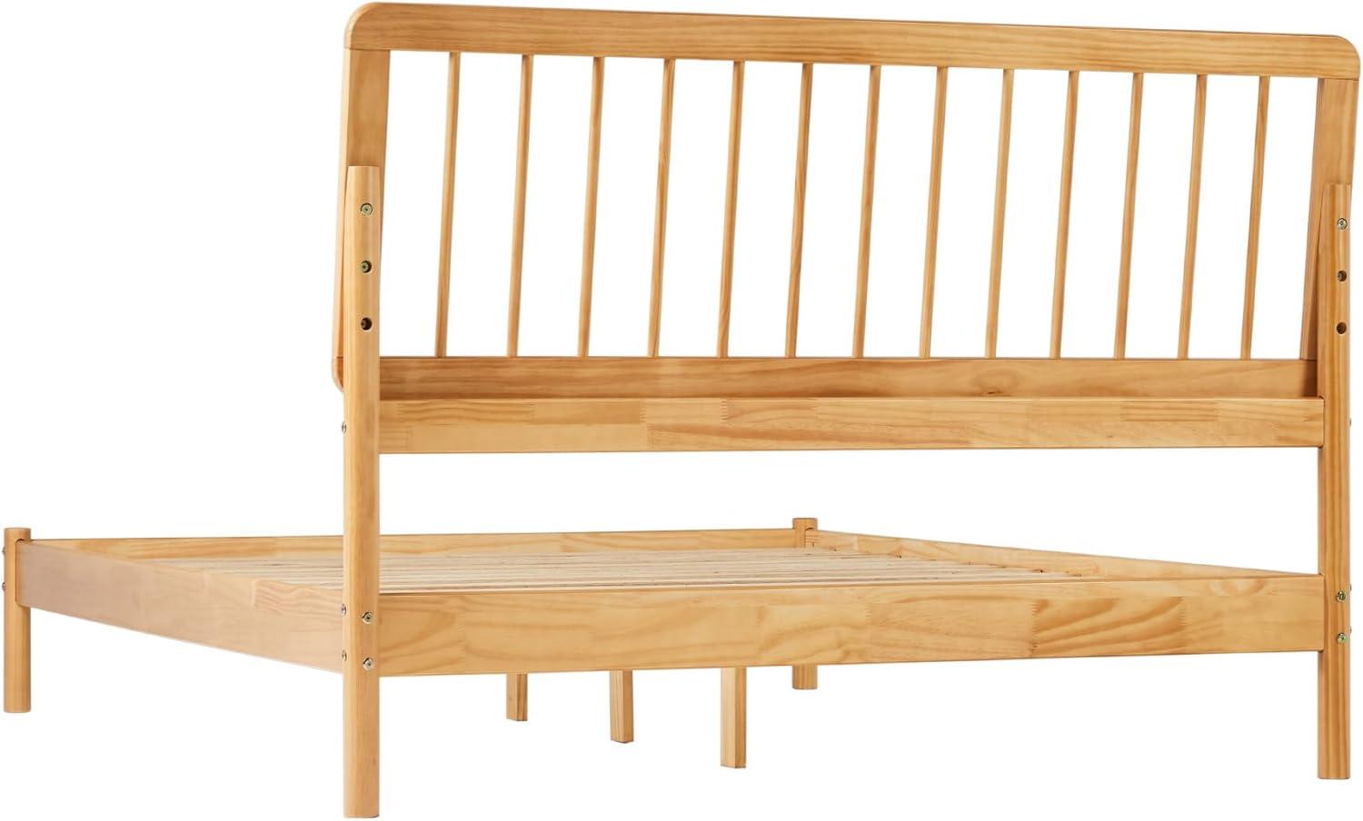 Walker Edison Mid-Century Modern Slatted Solid Wood Queen Bedframe, Natural Pine