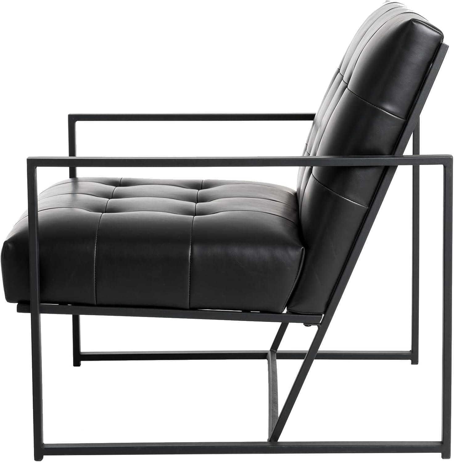 Mid-Century Modern Leatherette Arm Accent Chair Frosted Black Metal Frame Black - Glitzhome