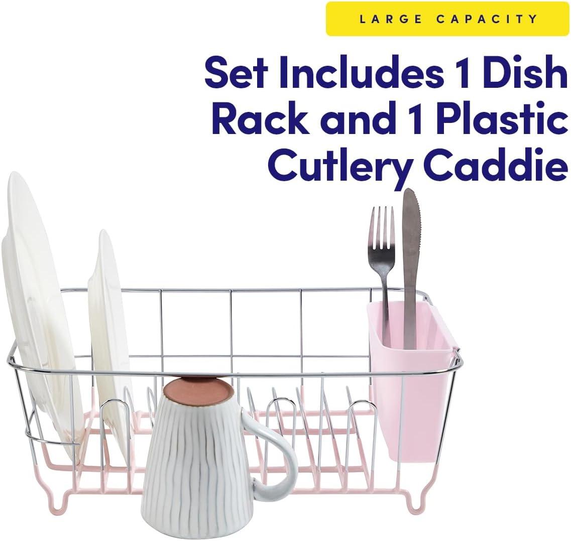 Sweet Home Collection Chrome Plated Steel Small 2 Piece Dish Drainer Pale Pink