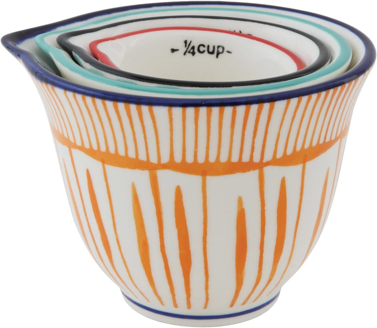 Creative Co-Op Hand Stamped Striped Stoneware Measuring Cups (Set of 4 Sizes/Designs)