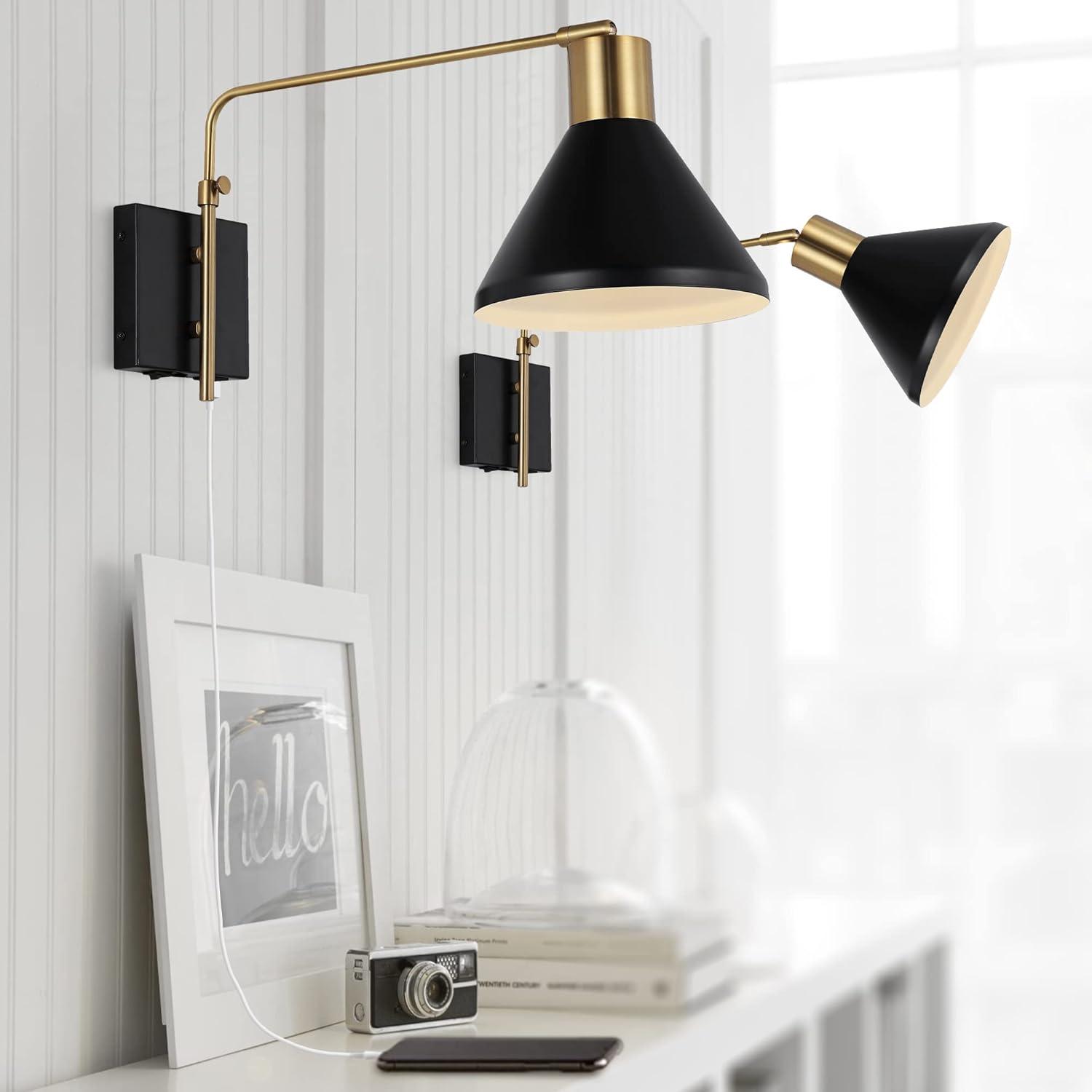 Max 20.5" Swing Arm 1-Light Modern Midcentury Iron USB Charging Port LED Sconce, Black/Brass Gold