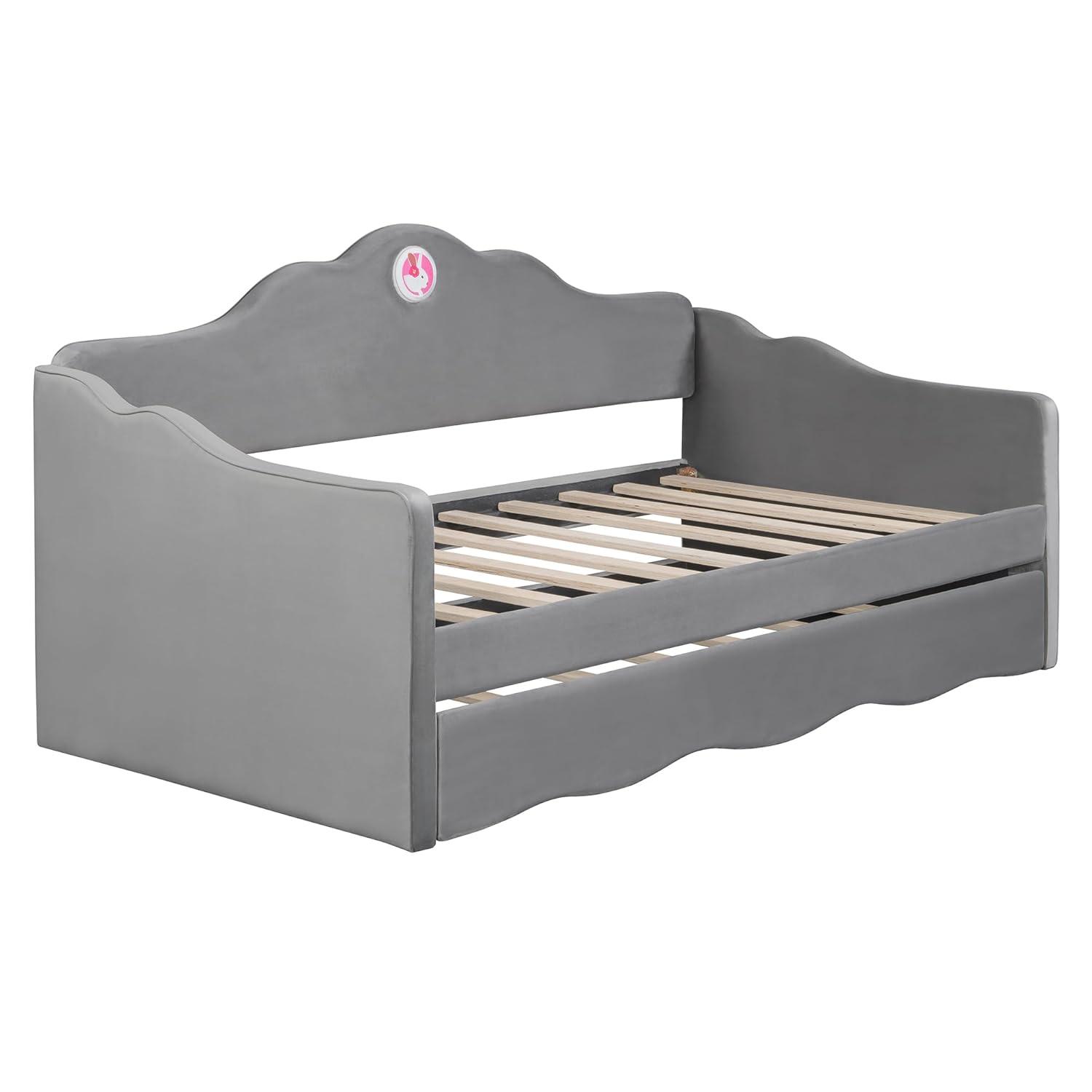 Ball & Cast Upholstered Twin Size Daybed with Trundle, Sofa Bed Frame with Wave-Shaped Back & Arm & Wood Slat Support, No Box Spring Needed, Gray