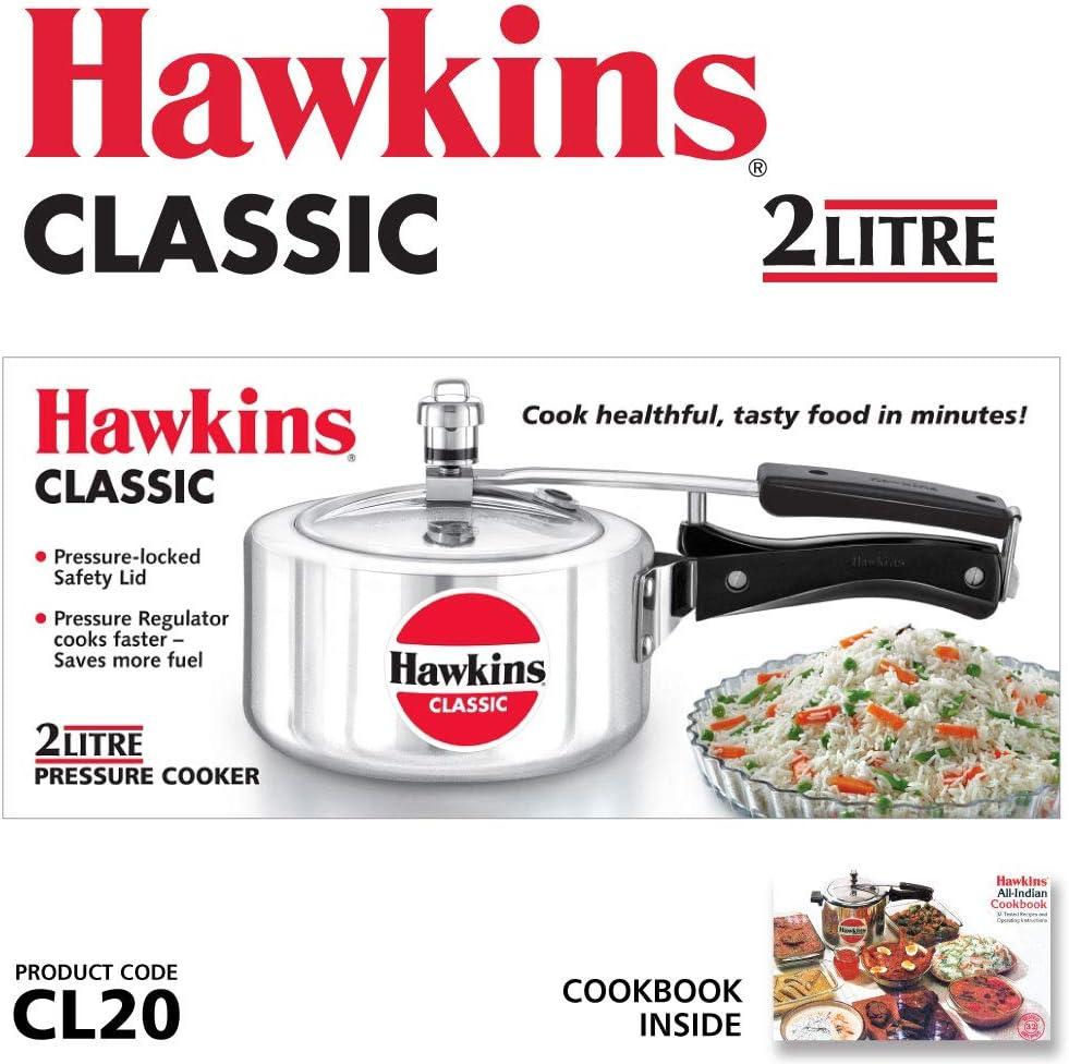 Hawkins Classic 2L Aluminum Pressure Cooker: Stovetop, Cool Touch Handle, Hand Wash, Silver, 1-Year Warranty