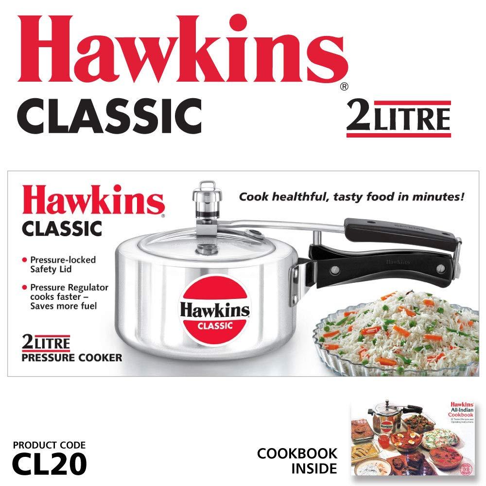 Hawkins Classic 2L Aluminum Pressure Cooker: Stovetop, Cool Touch Handle, Hand Wash, Silver, 1-Year Warranty
