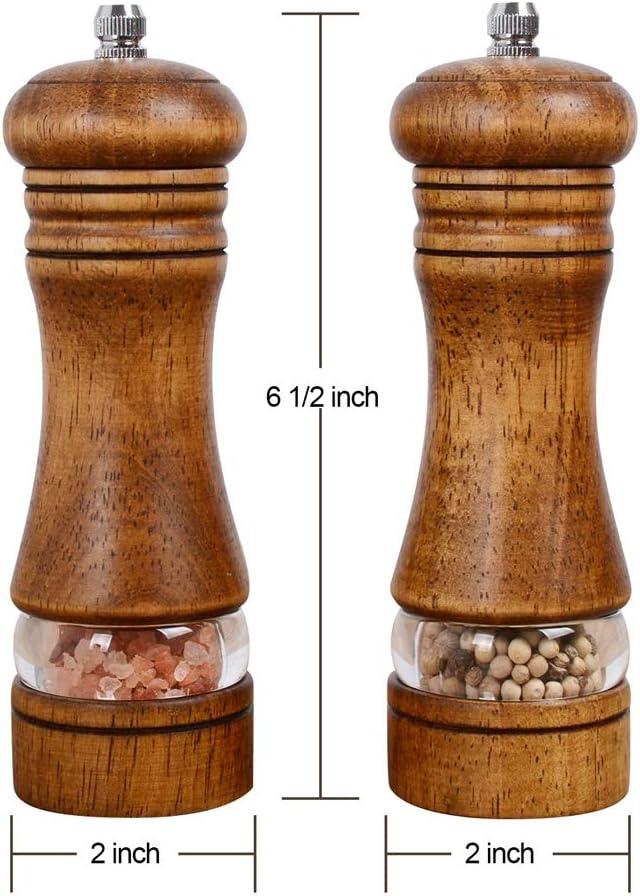 Haomacro Wood Salt and Pepper Grinder Set, Manual Mills with Acrylic Window, Adjustable Ceramic Grinding - 6.5inch, 2 Pack 6.5inch brown