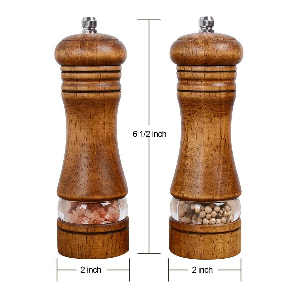 Haomacro Wood Salt and Pepper Grinder Set, Manual Mills with Acrylic Window, Adjustable Ceramic Grinding - 6.5inch, 2 Pack 6.5inch brown