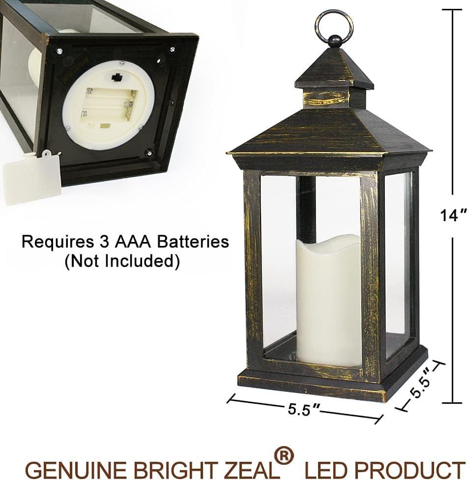 Bright Zeal 2-PACK 14 Inch Vintage Decorative Candle Lanterns With Timer - IP44 Waterproof Distressed Gold Decorative Outdoor Lanterns Battery Powered - Hanging Decorative Lanterns For Wedding Indoors