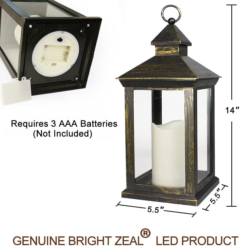 Bright Zeal 2-PACK 14 Inch Vintage Decorative Candle Lanterns With Timer - IP44 Waterproof Distressed Gold Decorative Outdoor Lanterns Battery Powered - Hanging Decorative Lanterns For Wedding Indoors