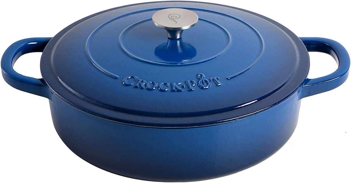 Crock Pot Artisan Enameled 5 Quart Cast Iron Round Braiser Pan with Self Basting Lid in Sapphire Blue