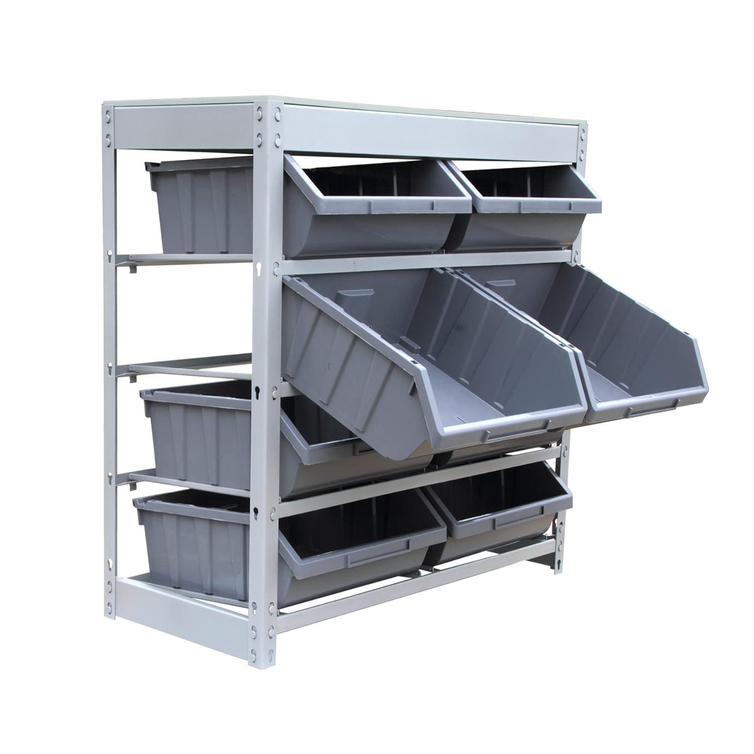 Bin Rack, Shelving Unit with Durable Construction for Easy Organization of Parts and Tools, Boltless Steel Storage System Organizer with 8 Plastic Bins in 4 tiers, Use in Store, Garage,Grey