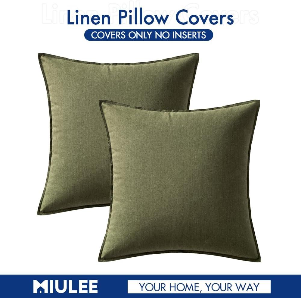 Olive Green Linen and Cotton 20x20 Inch Decorative Pillow Covers Set