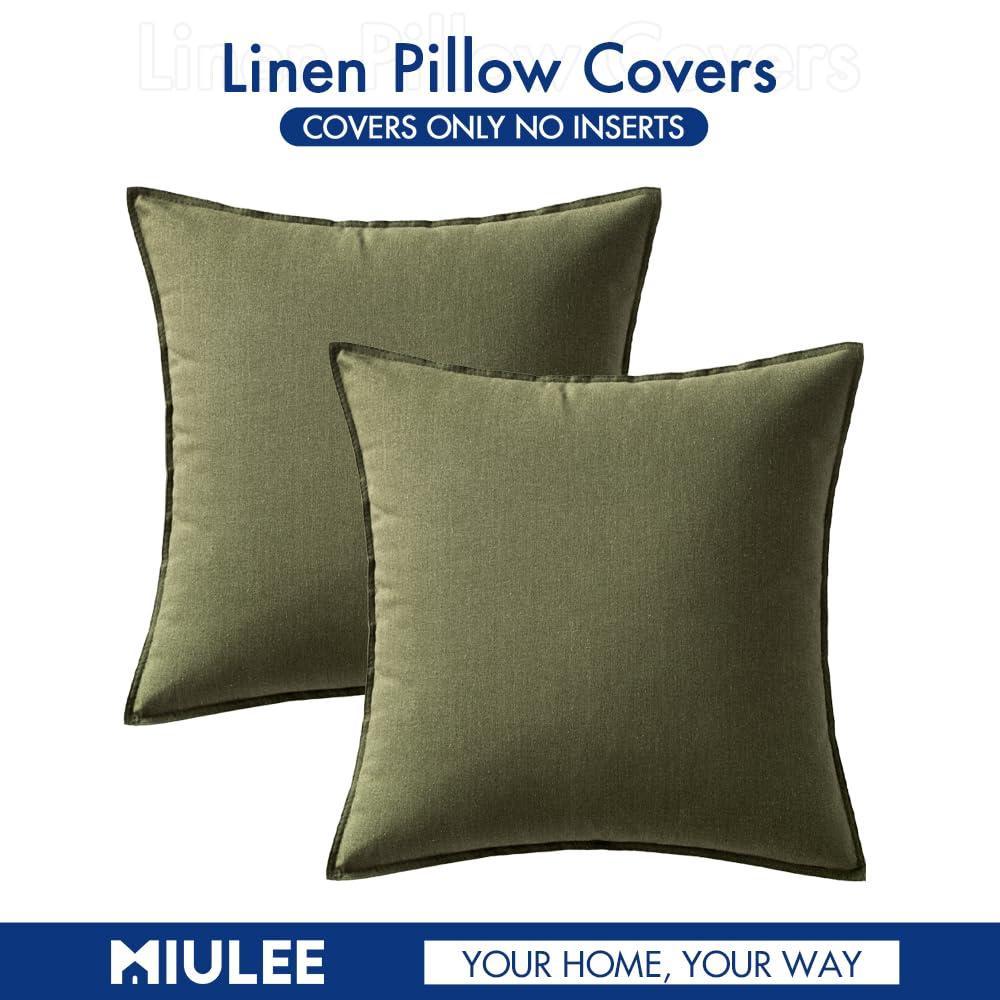 MIULEE Pack of 2 Decorative Linen Pillow Covers 18x18 Inch Olive Green Farmhouse Soild Neutral Throw Pillow Covers Soft Accent Decorative Pillowcases Home Decors for Couch Sofa Bed Living Room
