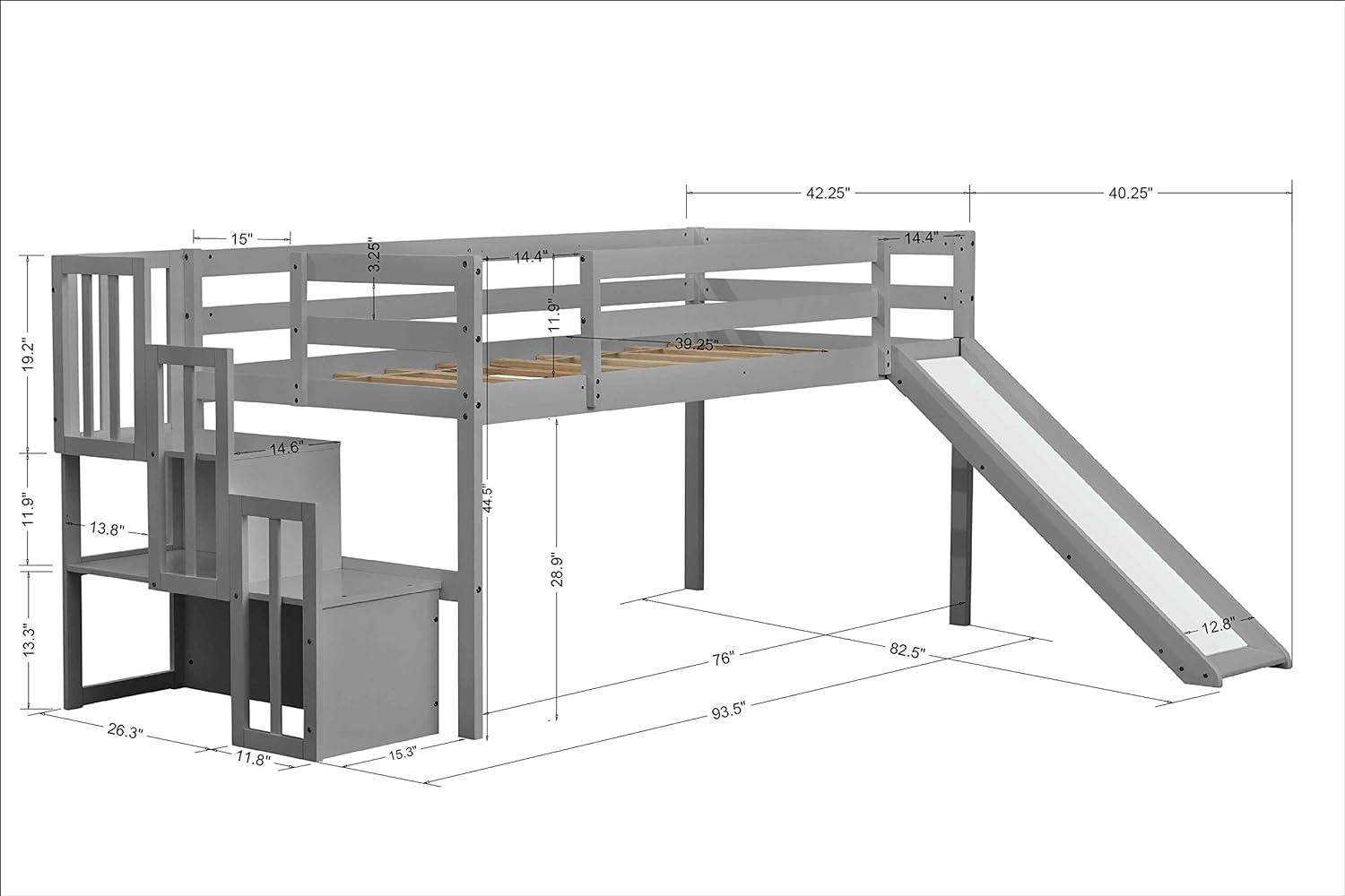 Gray Twin Pine Loft Bed with Slide and Storage Staircase