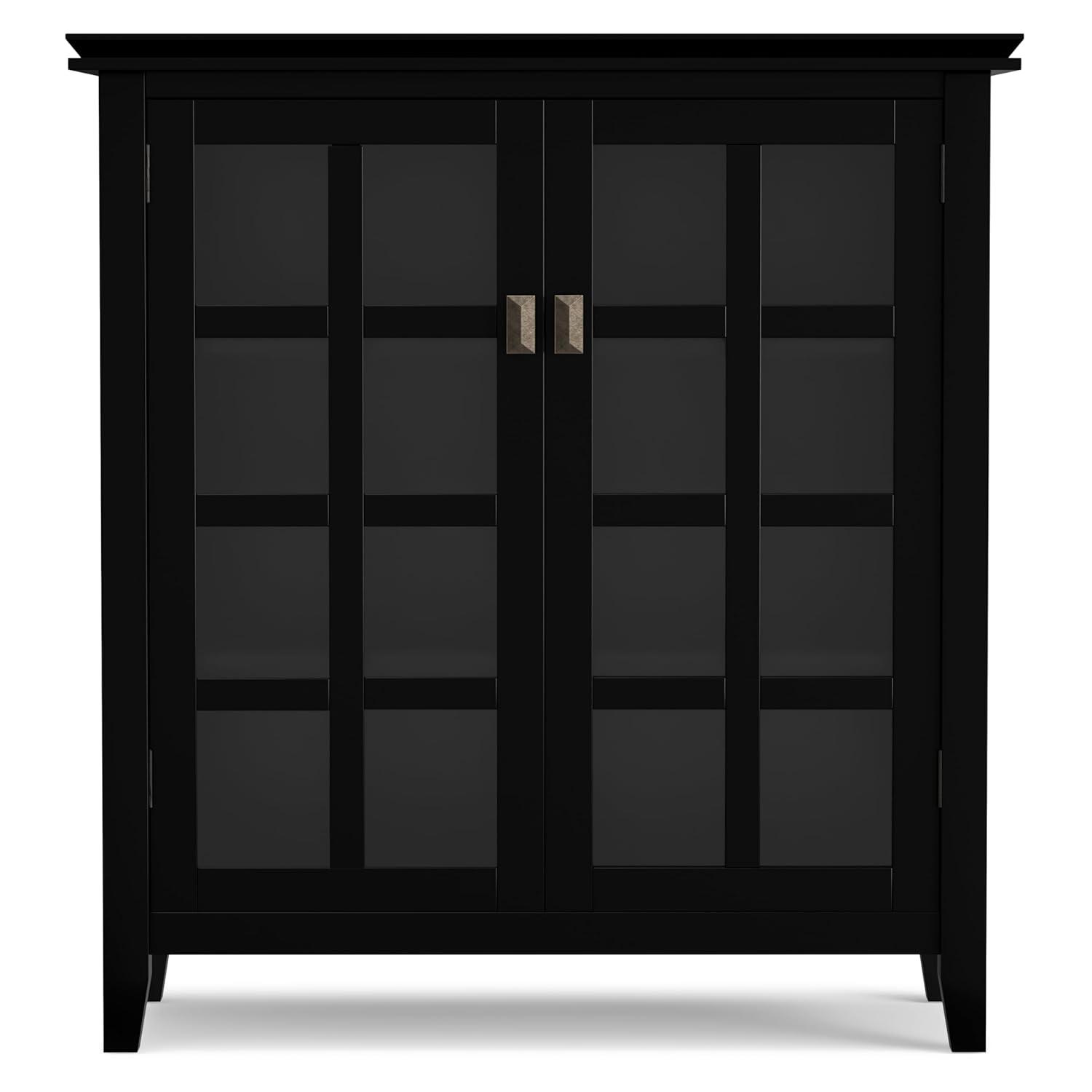 Simpli Home Artisan 38"W Solid Wood 4-Shelf Medium Storage Cabinet with Glass Doors and Adjustable Shelves