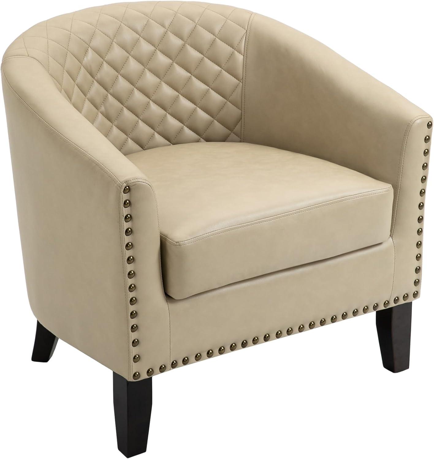 Beige Faux Leather Barrel Accent Chair with Nailhead Trim