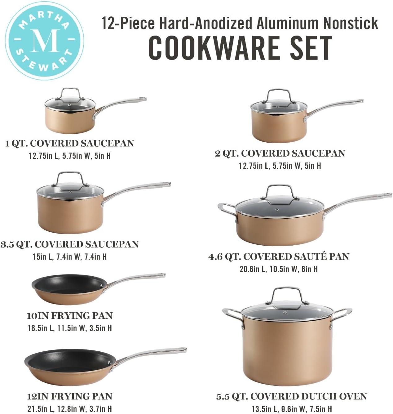 Martha Stewart 12pc Aluminum Hard Anodized Nonstick Cookware Set Copper Black Interior: Induction Safe, Skillets & Pans