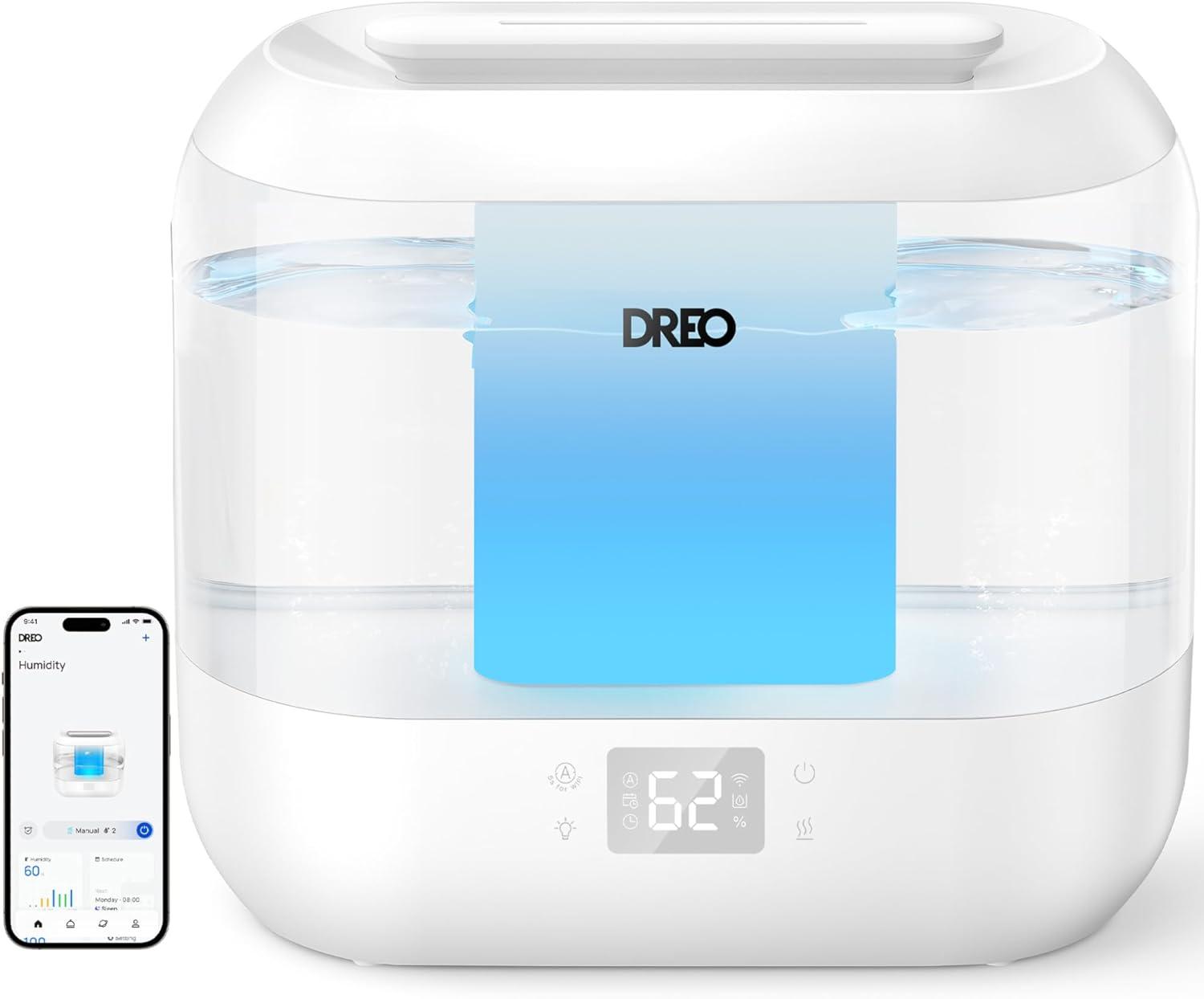 Dreo Smart Humidifier, Cool Mist Humidifiers for Bedroom, Quiet 4L Top Fill Ultrasonic Humidifiers for Home Office Plant & Baby with Nightlight, LED Display, 32H Runtime, APP/Voice Control, HM311S
