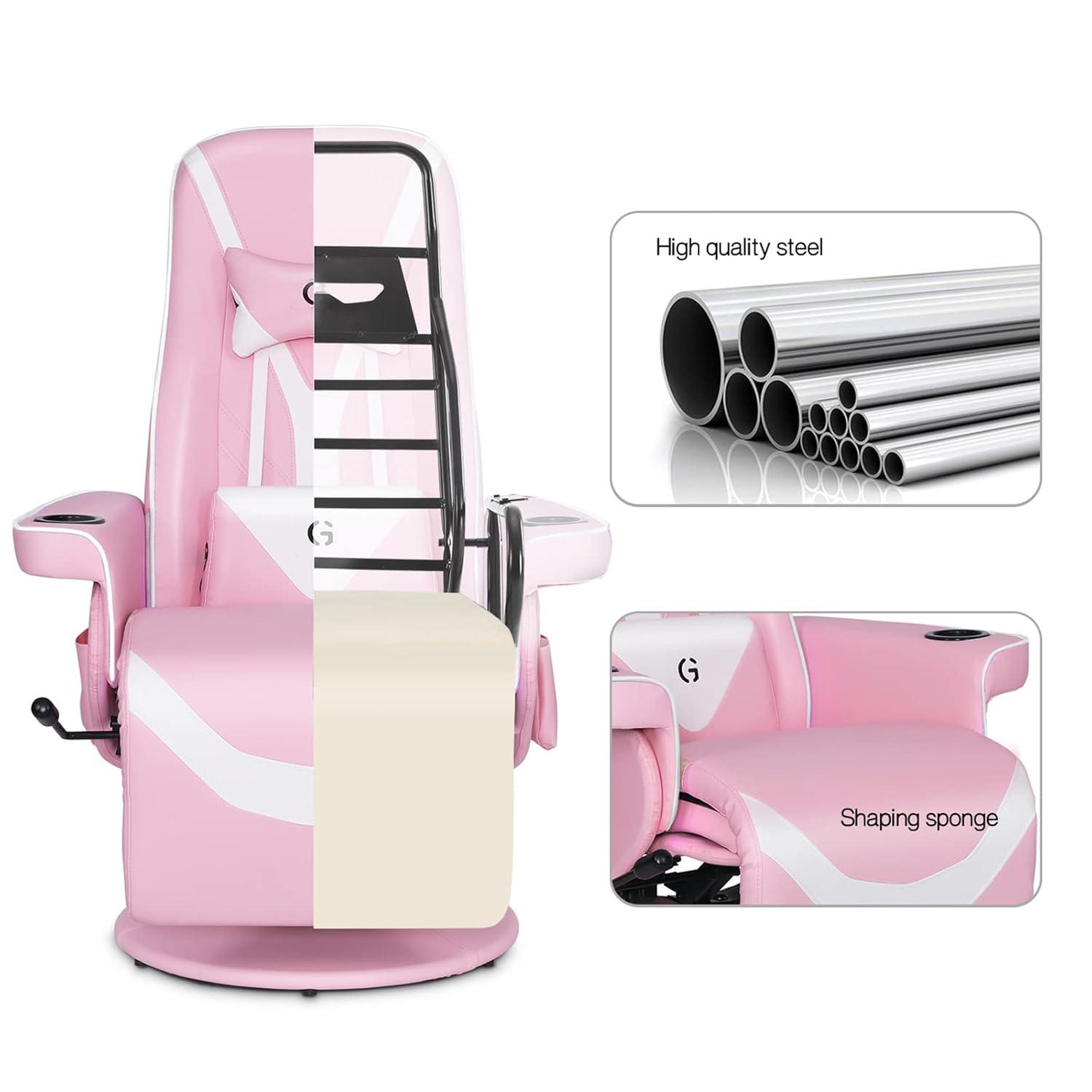 Queen Throne Video Gaming Chair Ergonomic Recliner Racing Chair, High Back Swivel Chair with Footrest and Adjustable Backrest, Lumbar Support, Headrest and Cupholders, Pink White