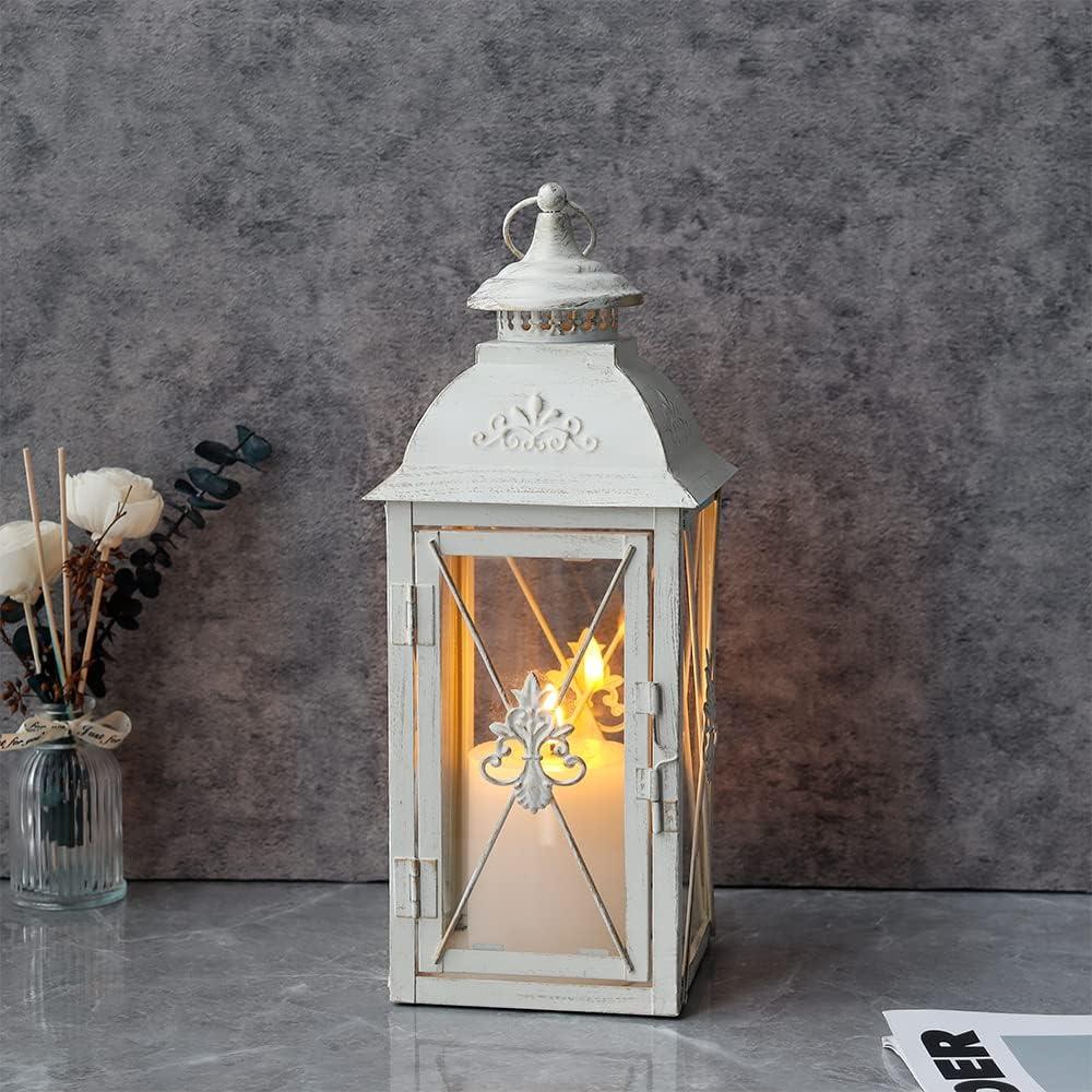 Vintage Hanging Lantern - 13.5'' Decorative Metal & Tempered Glass Candle Holder - Ideal for Indoor/Outdoor Events, Patio, Garden, Parties - Elegant Design with White & Gold Brush Finish