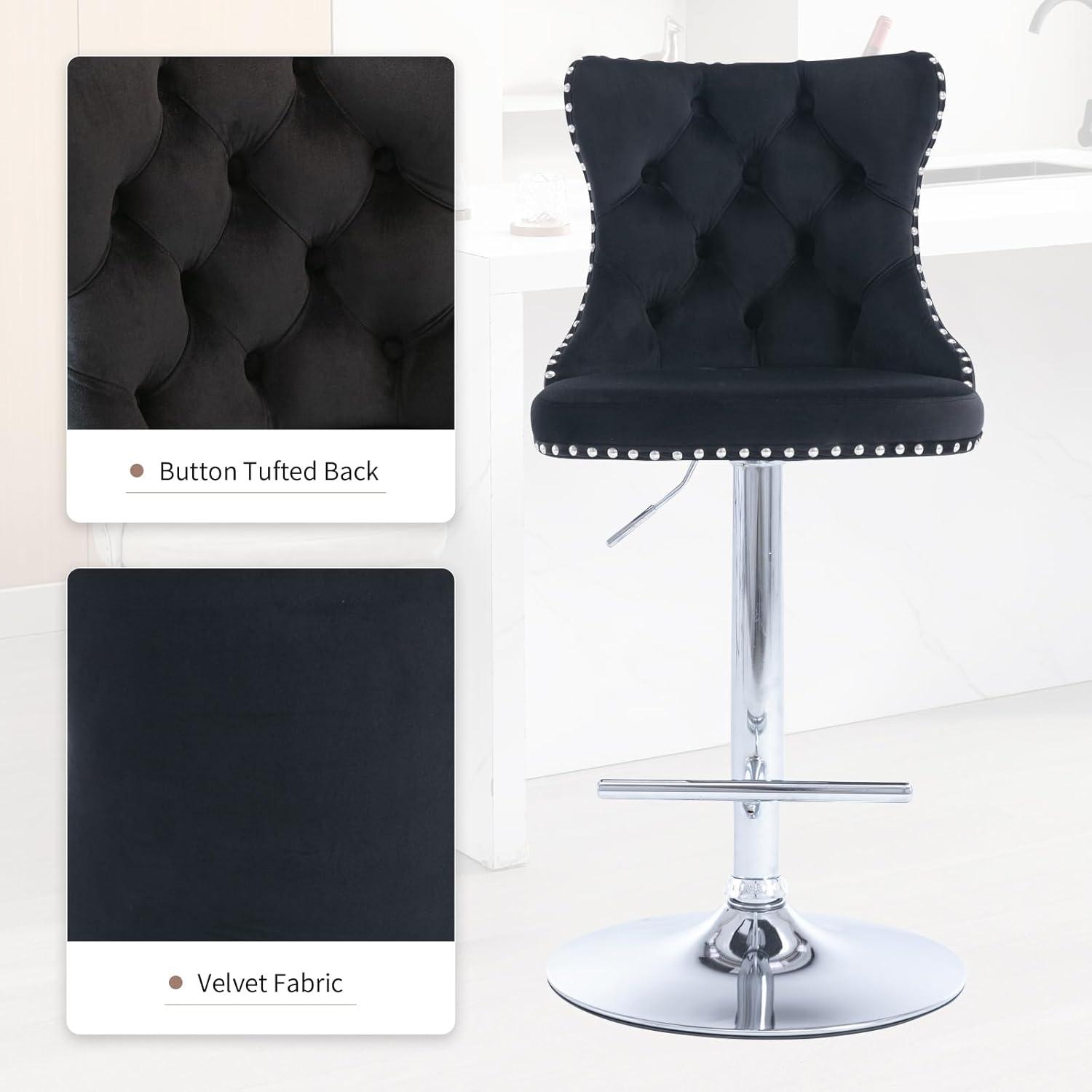 Swivel Barstools with High Back, 2pcs Velvet Bar Chairs with Button Tufted and Nailheads Trim, Counter Height Bar Stools for Home Bar Kitchen Island Cafe,Adjusatble Seat Height, Black+Silver