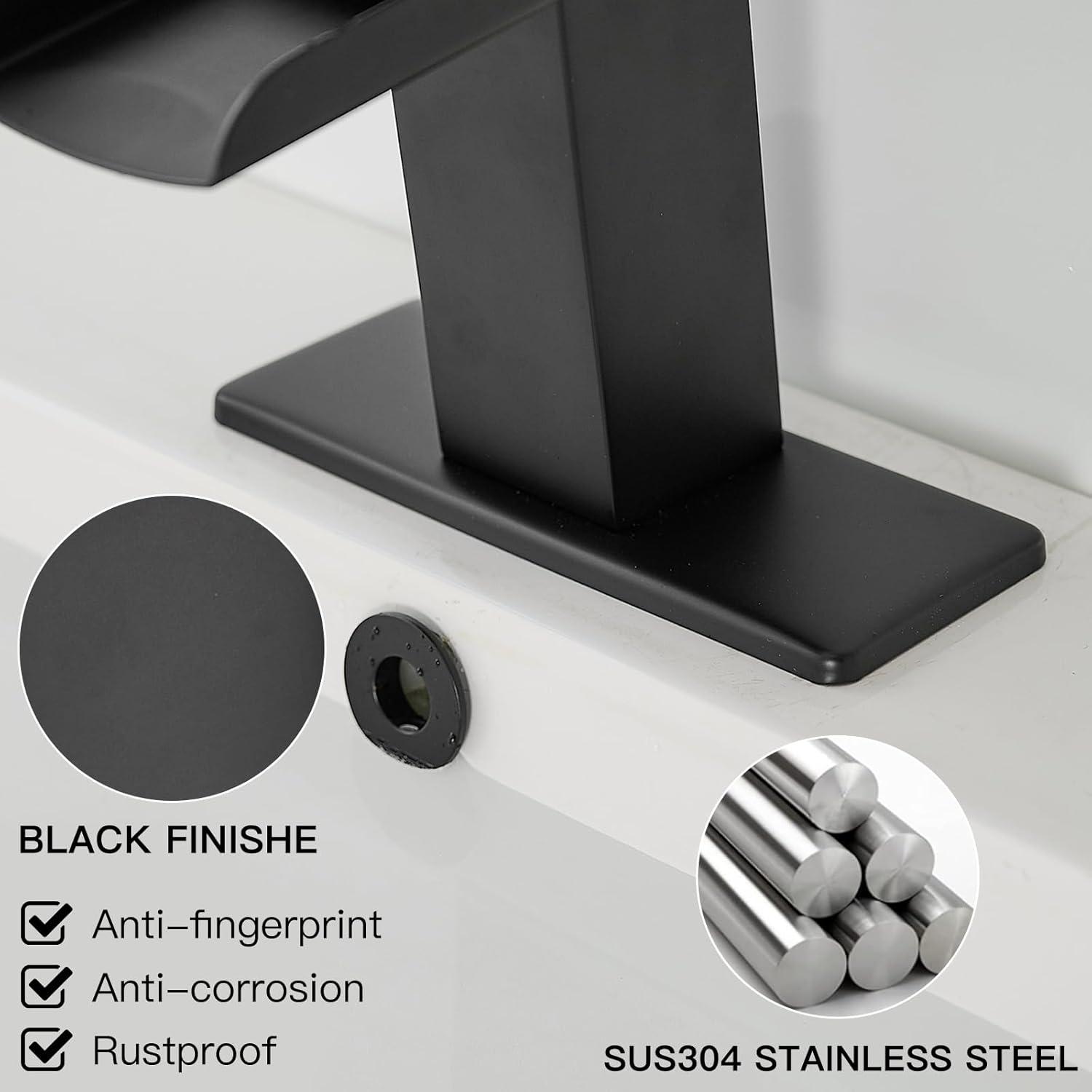 BWE Black Bathroom Faucet Waterfall Single Handle Bathroom Faucet One Hole Bathroom Sink Faucet with Supply Line Lavatory Vanity Mixer Tap Deck Mounted Matte Black