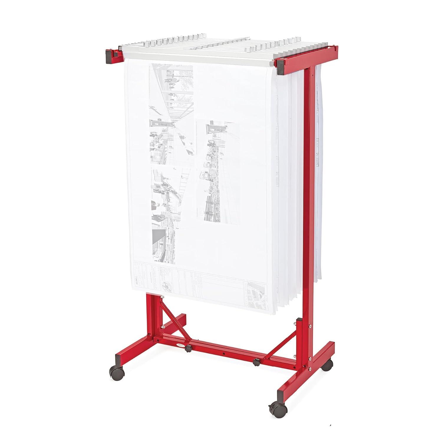 Red Heavy Gauge Steel Mobile Blueprint Rack with Adjustable Width