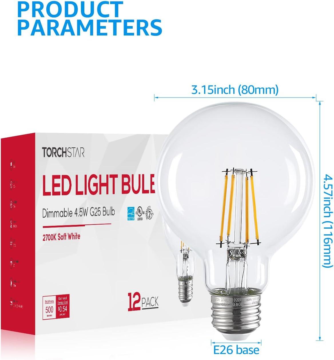 TORCHSTAR 12 Pack Dimmable LED G25 Globe Light Bulb, Round Clear Vanity Bulb for Bathroom, LED Edison Bulb, 4.5W(60W Eqv.), UL Listed, 500lm, E26 Base, 2700K Soft White