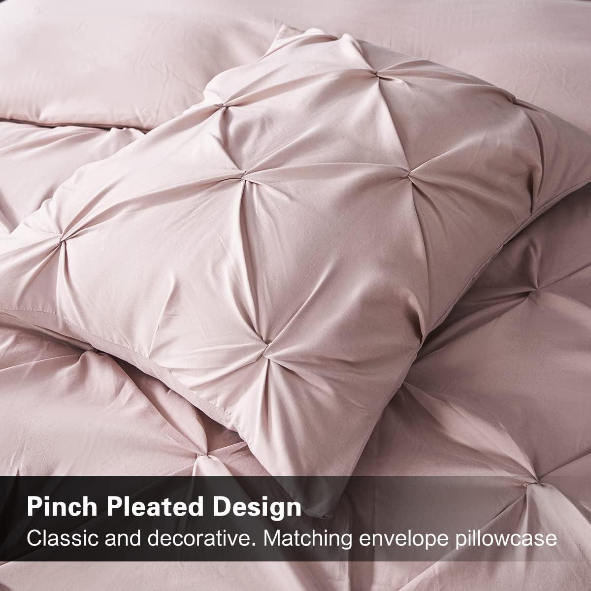 Nestl 3 Piece Pinch Pleated Duvet Cover Set, Full Size Pintuck Duvet Cover with Button Closure, Blush