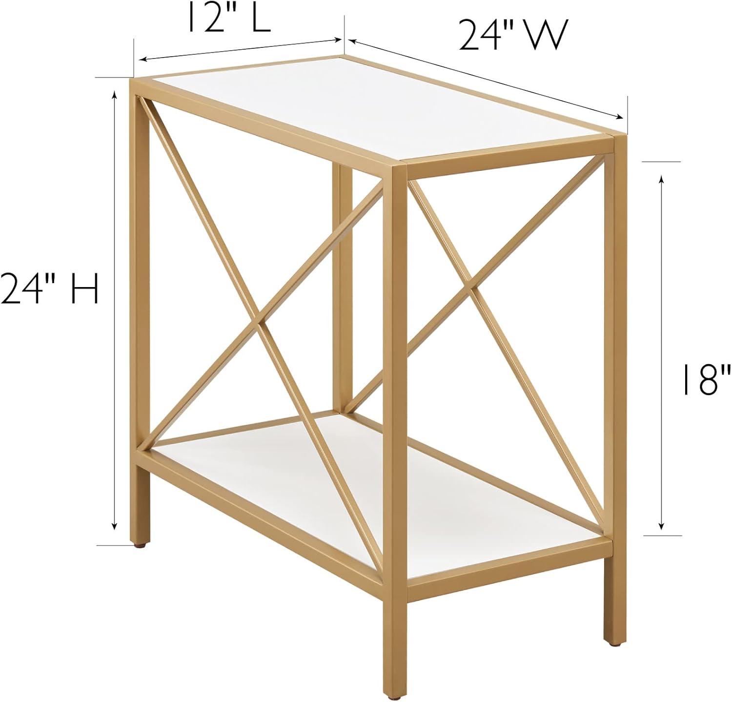 Narrow White and Gold Metal Frame Wood Top End Table