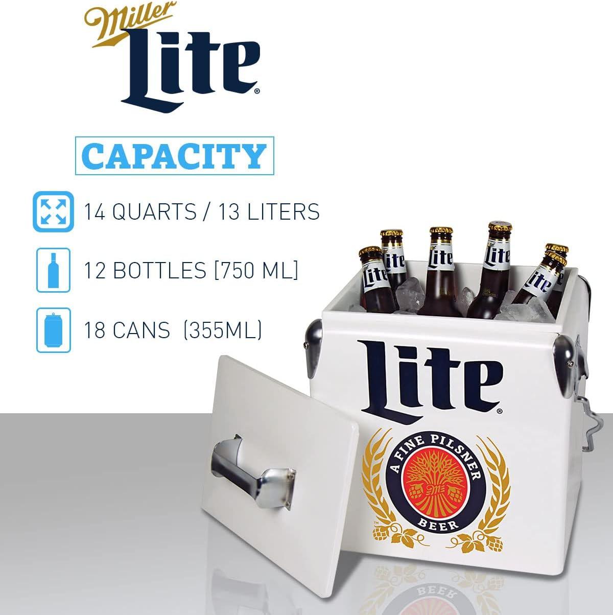 Miller Lite Retro Ice Chest Cooler with Bottle Opener 13L (14 qt), White and Blue