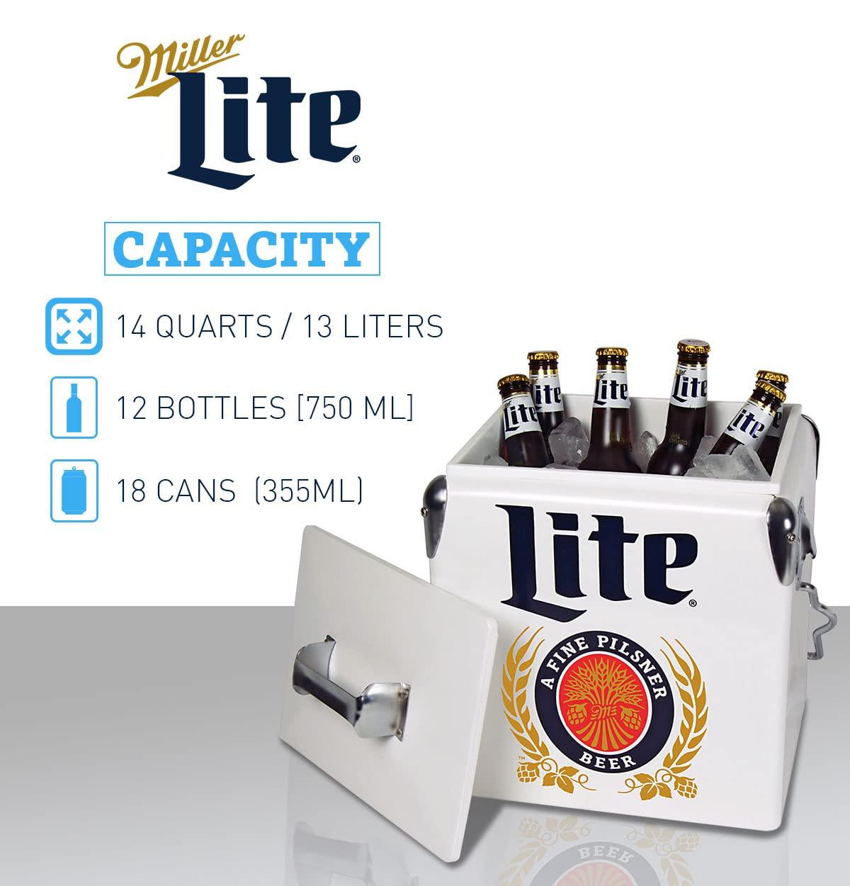 Miller Lite Retro Ice Chest Cooler with Bottle Opener 13L (14 qt), White and Blue