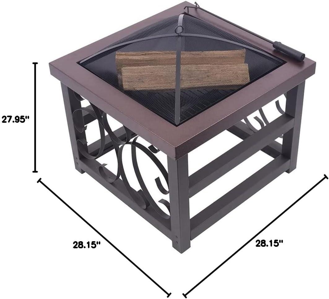 Blue Sky Outdoor Living 28” Square Raised Scroll Fire Pit with Log Grate, Spark Screen, and Lift, Tabletop-Style Steel Fire Pit, Bronze