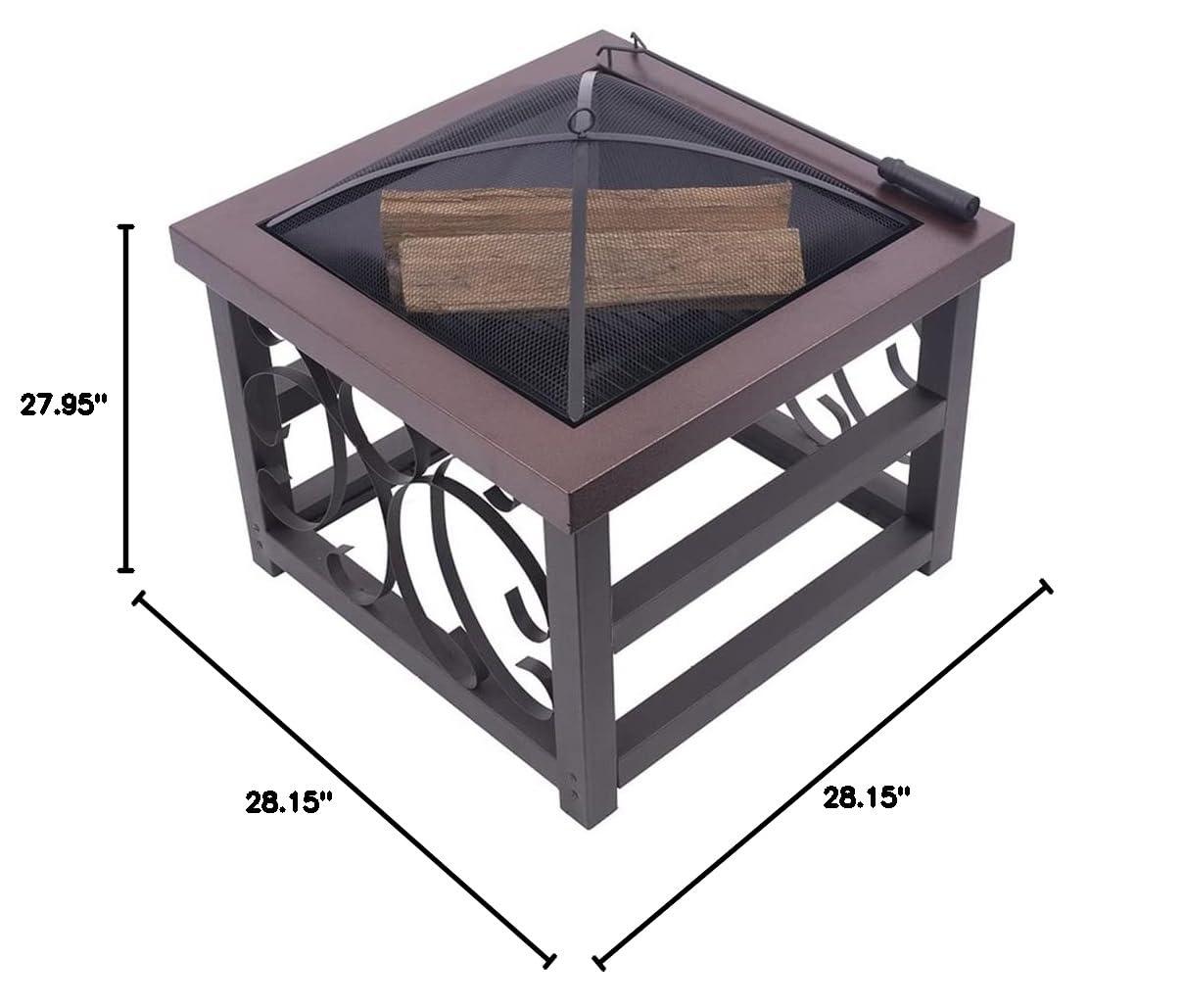 Blue Sky Outdoor Living 28” Square Raised Scroll Fire Pit with Log Grate, Spark Screen, and Lift, Tabletop-Style Steel Fire Pit, Bronze