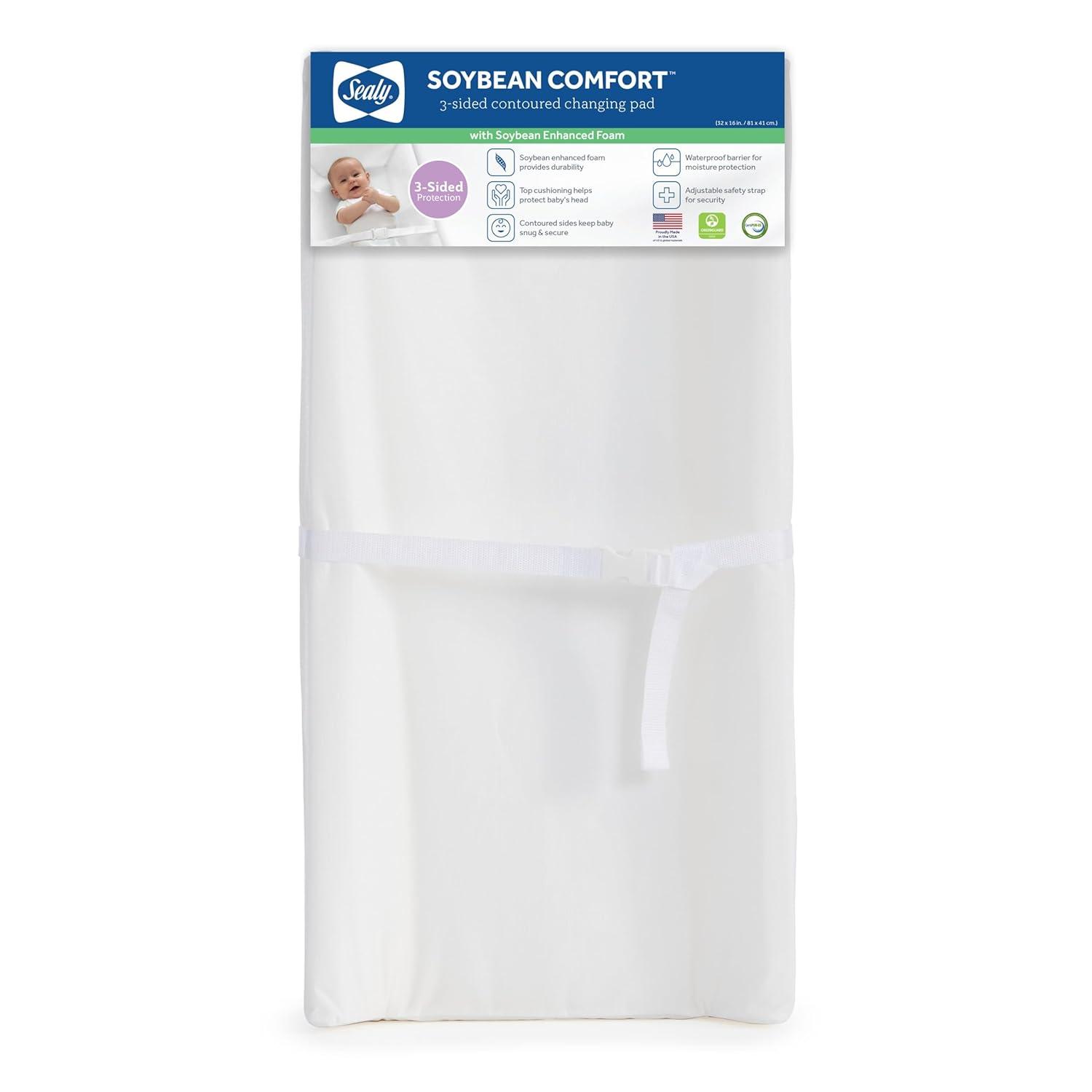 Sealy Baby Sealy Baby Soybean Comfort 3-Sided Waterproof Contoured Baby Diaper Changing Pad for Dresser or Changing Table, Baby Changing Pad - White, 32” x 16”