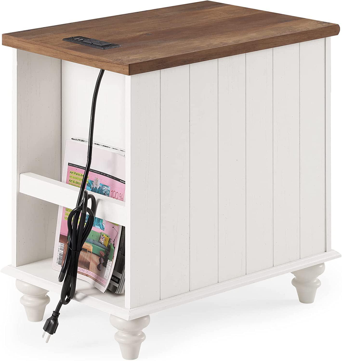 WAMPAT 2 Pack End Tables with Charging Station, Farmhouse Side Table with Drawer & Storage Cabinet, White Nightstand with Power Outlets & USB Ports for Living Room, Bedroom