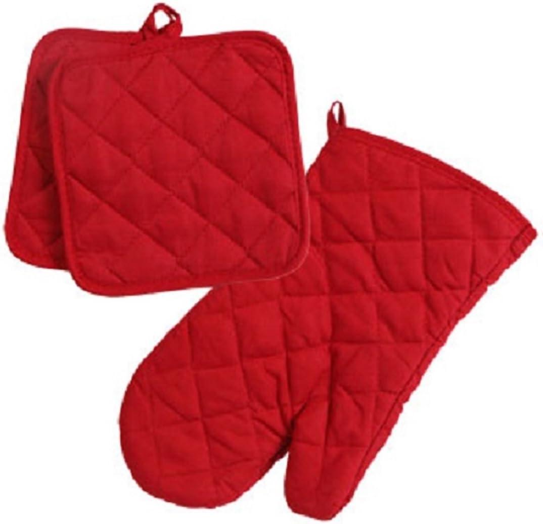 Red Cotton 3-Piece Oven Mitt and Pot Holder Set