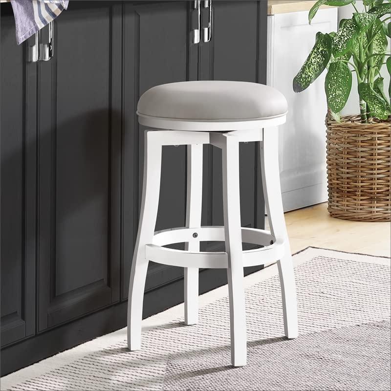 Classic White Leather Swivel Bar Stool with Rubberwood Frame