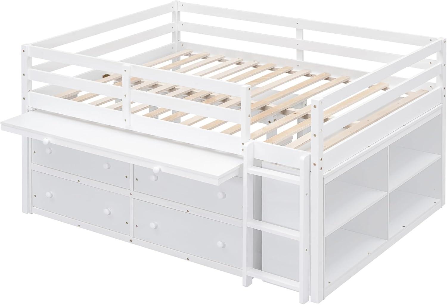 Full Size Low Loft Bed With Storage, Portable Desk & 4 Drawers, Wood Frame With Shelves, Modern Farmhouse Junior Loft for Kids Boys Girls, White