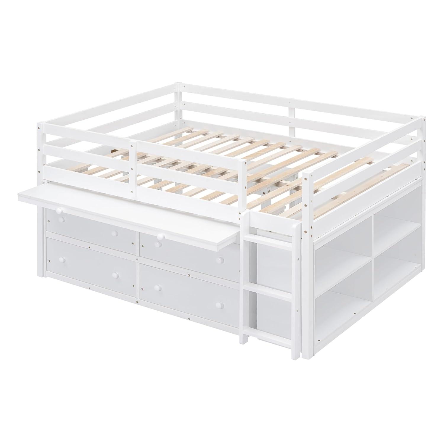 Full Size Low Loft Bed With Storage, Portable Desk & 4 Drawers, Wood Frame With Shelves, Modern Farmhouse Junior Loft for Kids Boys Girls, White