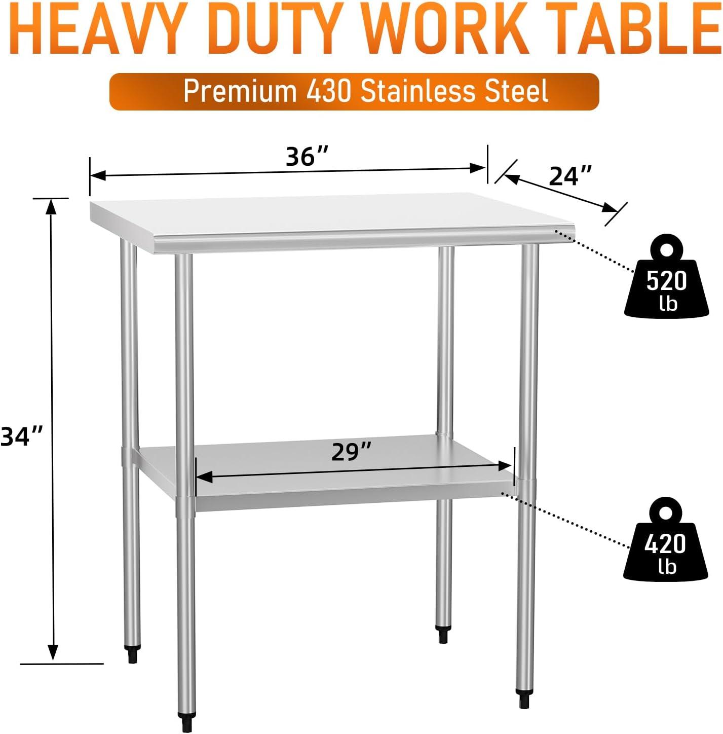 ROVSUN 36'' x 24'' Stainless Steel Table for Prep & Work, Metal Table with Undershelf for Kitchen Restaurant, Home