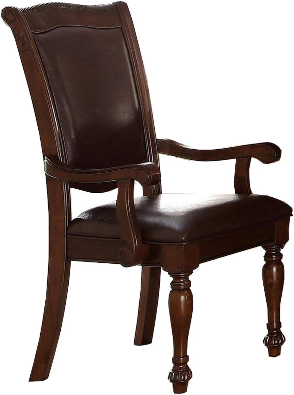 Grandiose Brown Cherry Wood & Faux Leather Dining Arm Chair, Set of 2