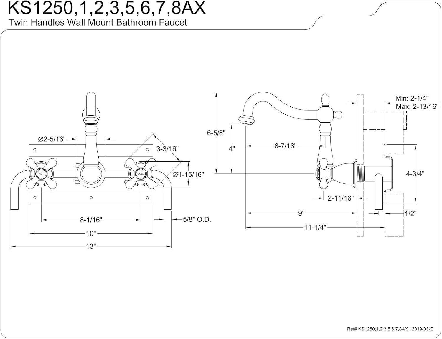 Kingston Brass KS1252AX 8-Inch Center Wall Mount Bathroom Faucet, Polished Brass